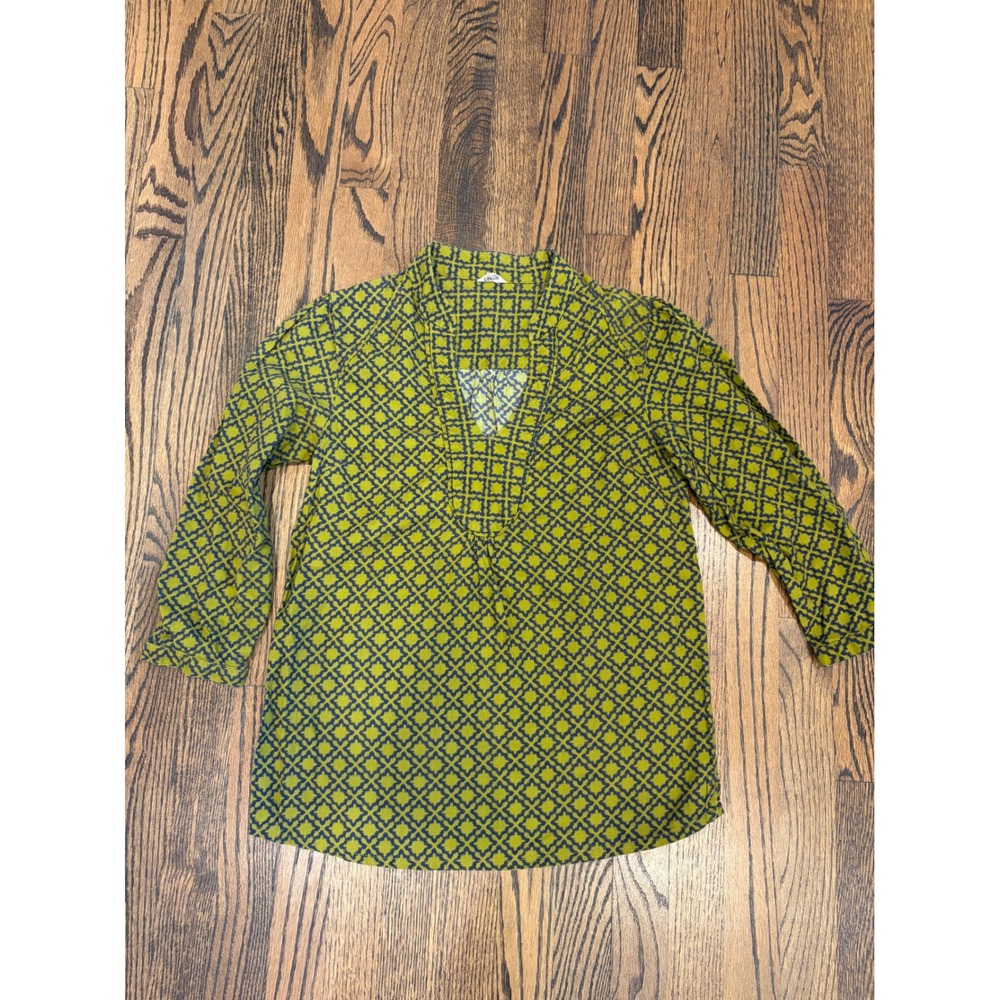 Fossil Tunic Top Women M Green Excellent Geometric V-Neck Cotton Boho Y2K
